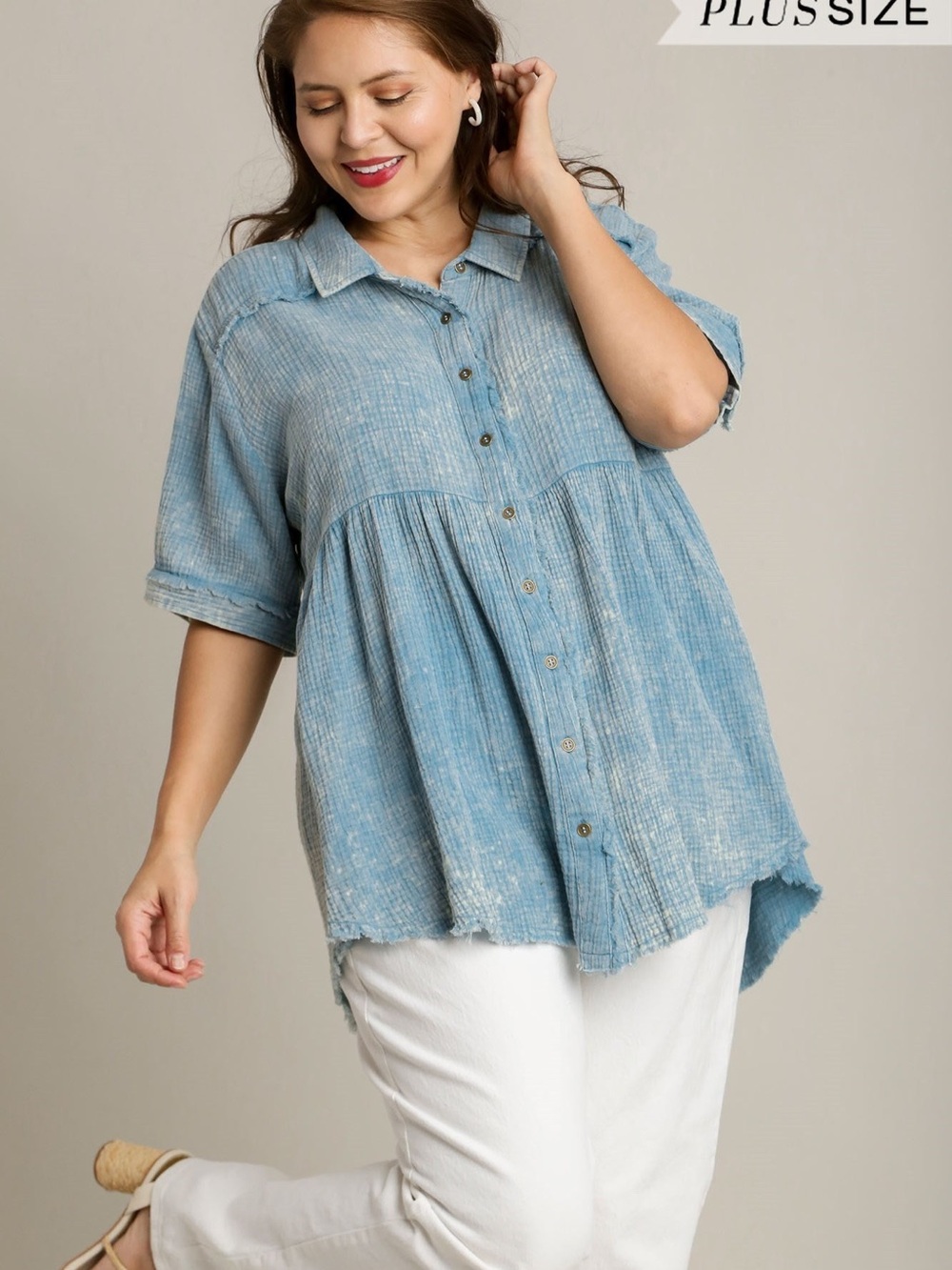 Umgee XL Light Washed Button-Front Babydoll Shirt